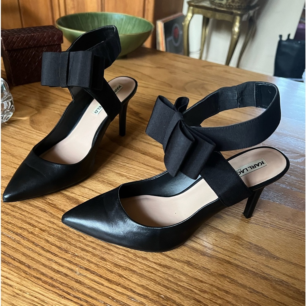 Karl Lagerfeld Women's Black Robin Pointed Pump With Bow Strap| US Size 8